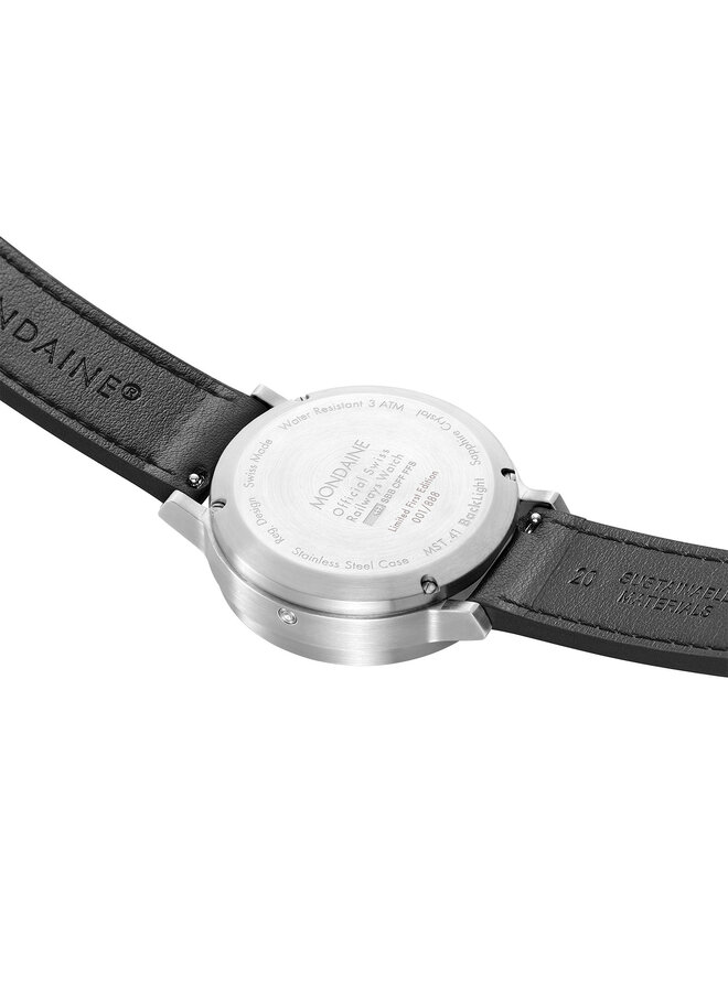 Mondaine Stop2Go horloge - zilverkleurige kast - zwart leren band - 34 mm