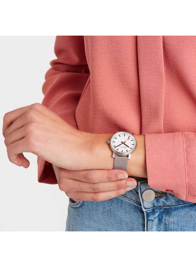 Mondaine Evo2 horloge - zilverkleurige kast - zilverkleurige mesh band - 35 mm