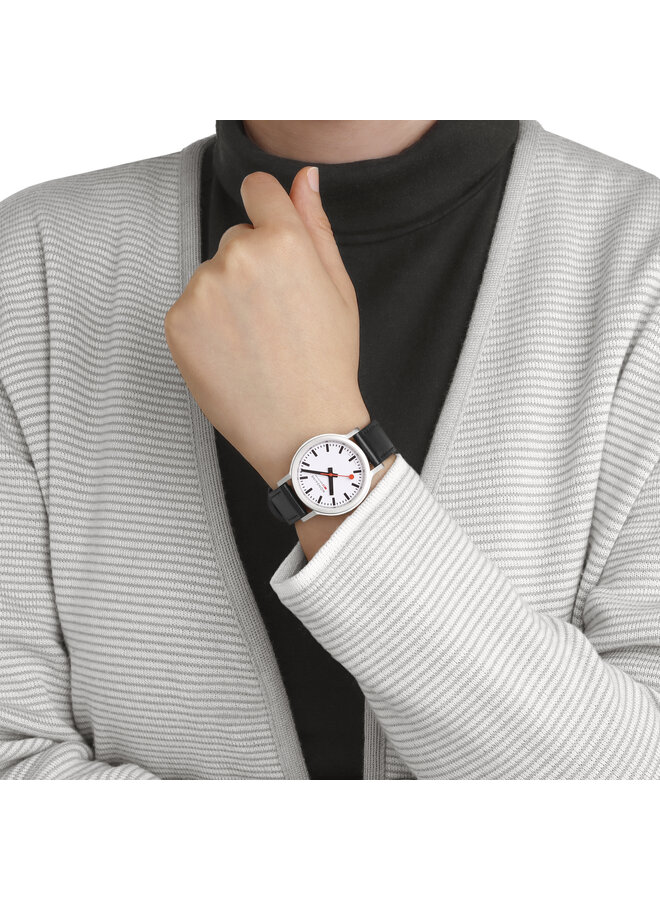 Mondaine Stop2Go horloge - zilverkleurige kast - zwart leren band - 34 mm