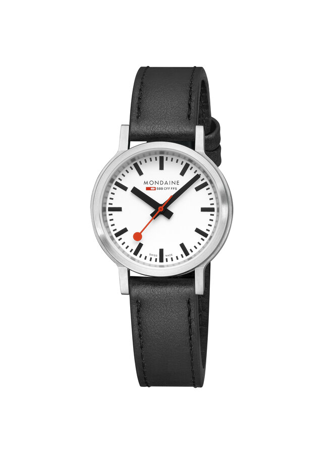 Mondaine Stop2Go horloge - zilverkleurige kast - zwart leren band - 34 mm