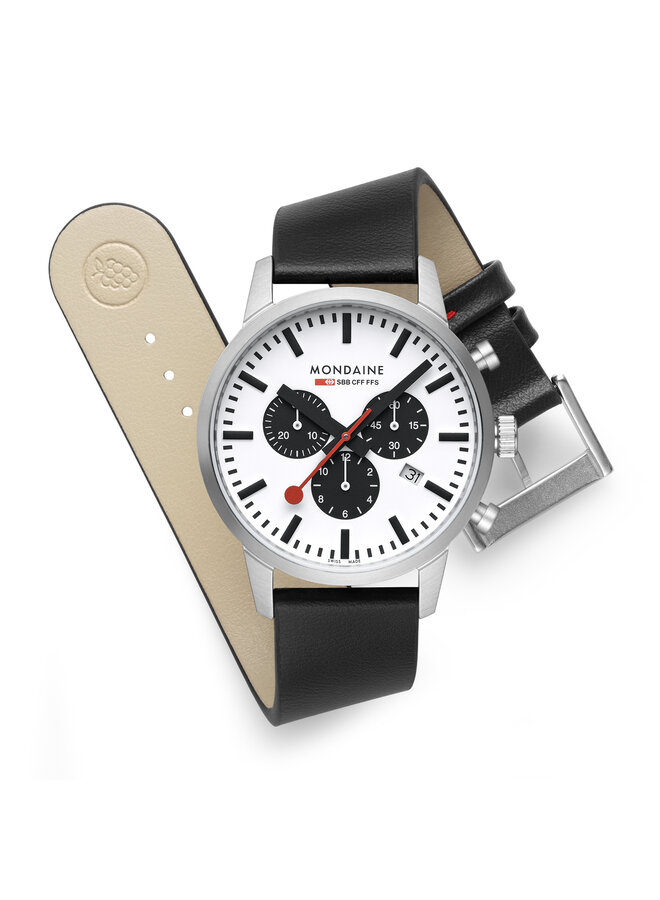 Mondaine Neo horloge - zwarte kast - zwart leren band - 41 mm