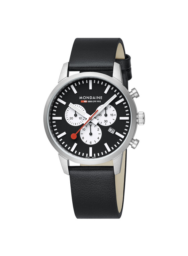 Mondaine Neo horloge - zwarte kast - zwart leren band - 41 mm