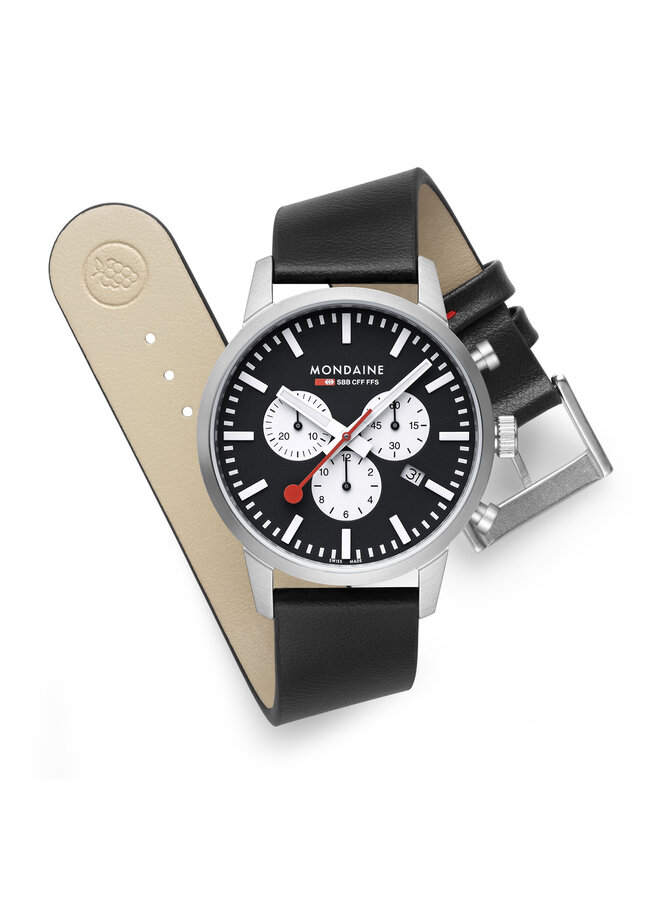 Mondaine Neo horloge - zwarte kast - zwart leren band - 41 mm