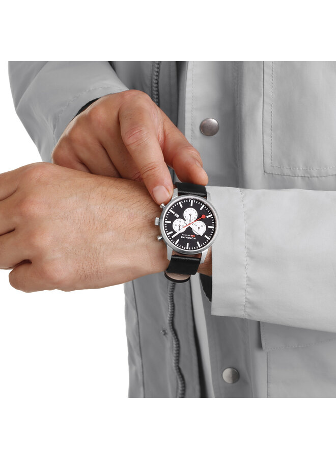 Mondaine Neo horloge - zwarte kast - zwart leren band - 41 mm