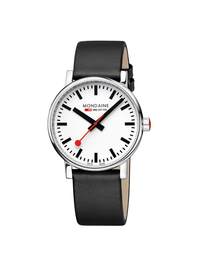 Mondaine Evo2 horloge - zilverkleurige kast - zwart leren band - 40 mm