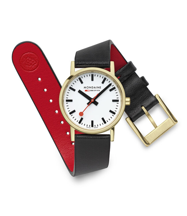 Mondaine Classic horloge - zilverkleurige kast - zwart leren band - 30 mm