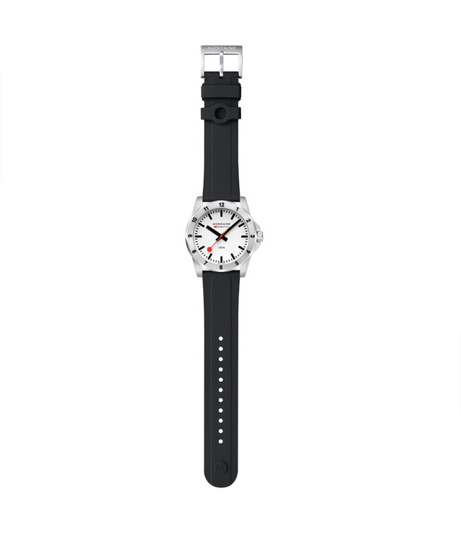 Mondaine Numeri horloge - zilverkleurige kast - zwart rubberen band - 42 mm