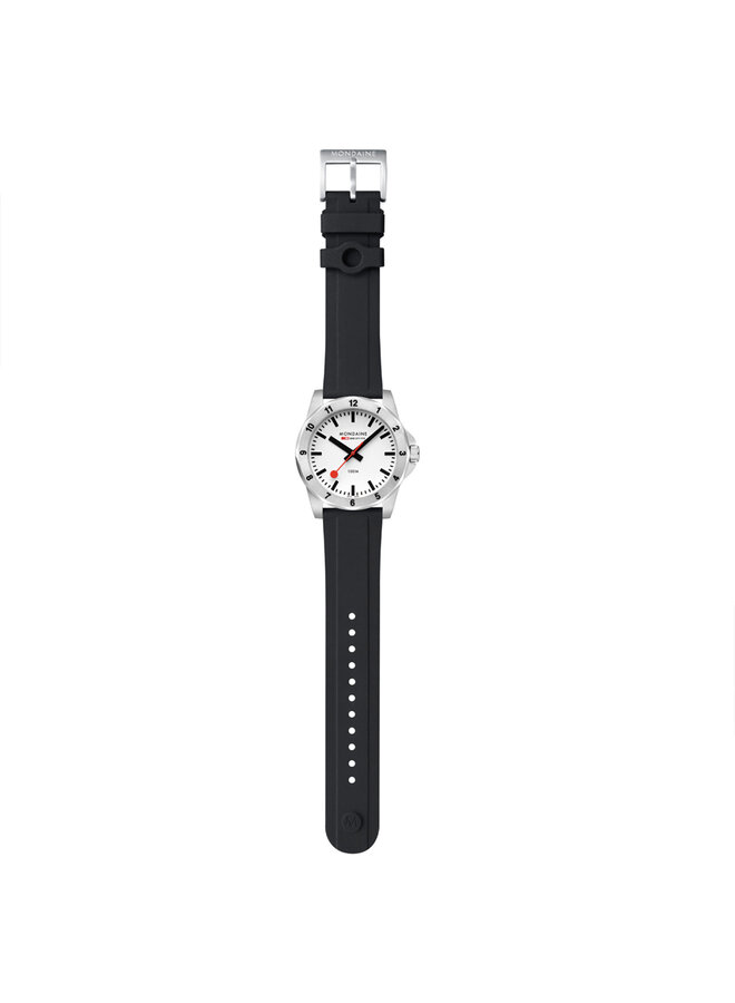 Mondaine Numeri horloge - zilverkleurige kast - zwart rubberen band - 42 mm