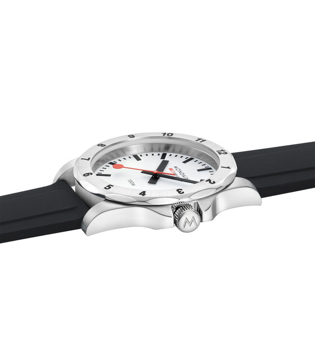 Mondaine Numeri horloge - zilverkleurige kast - zwart rubberen band - 42 mm