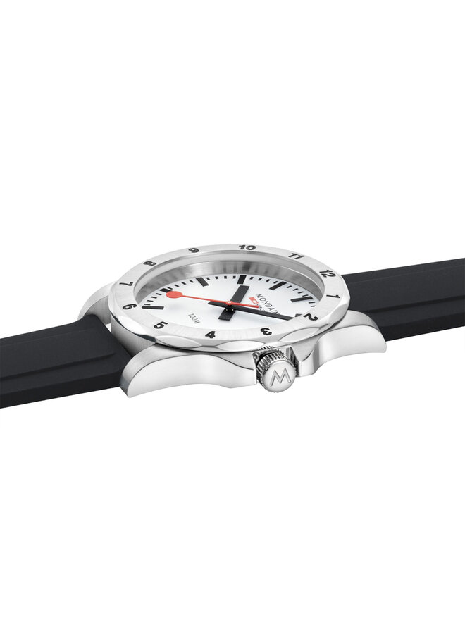 Mondaine Numeri horloge - zilverkleurige kast - zwart rubberen band - 42 mm