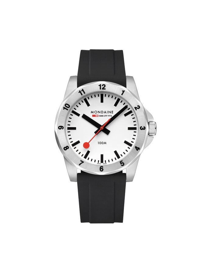 Mondaine Numeri horloge - zilverkleurige kast - zwart rubberen band - 42 mm