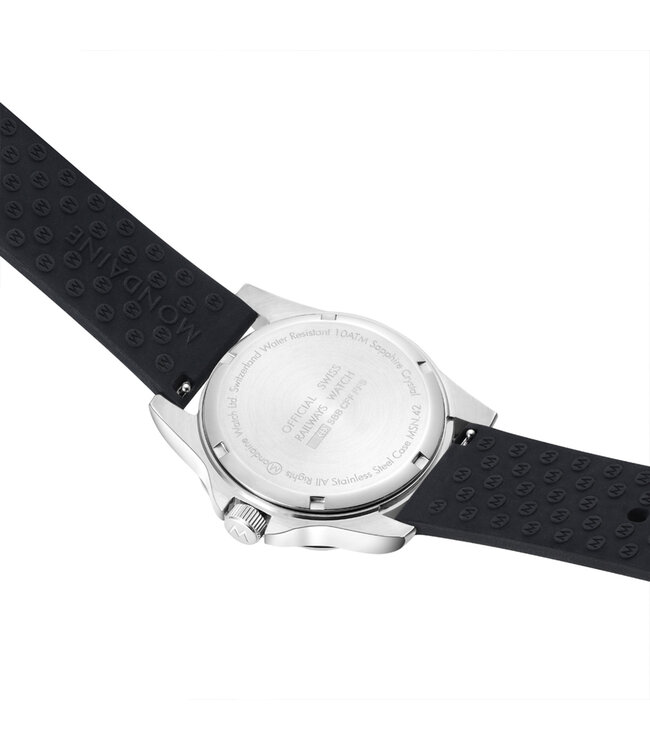 Mondaine Numeri horloge - zilverkleurige kast - zwart rubberen band - 42 mm