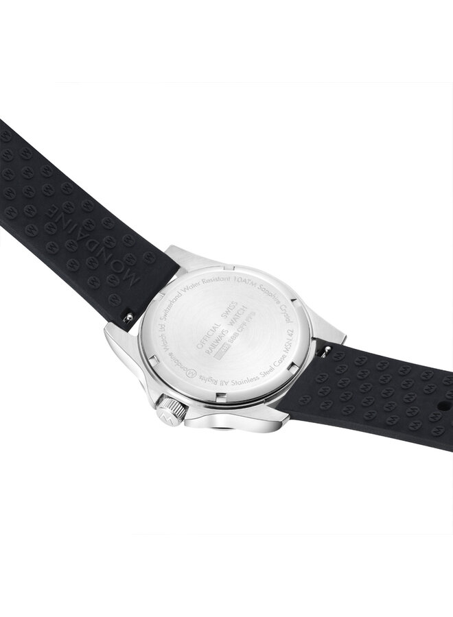 Mondaine Numeri horloge - zilverkleurige kast - zwart rubberen band - 42 mm