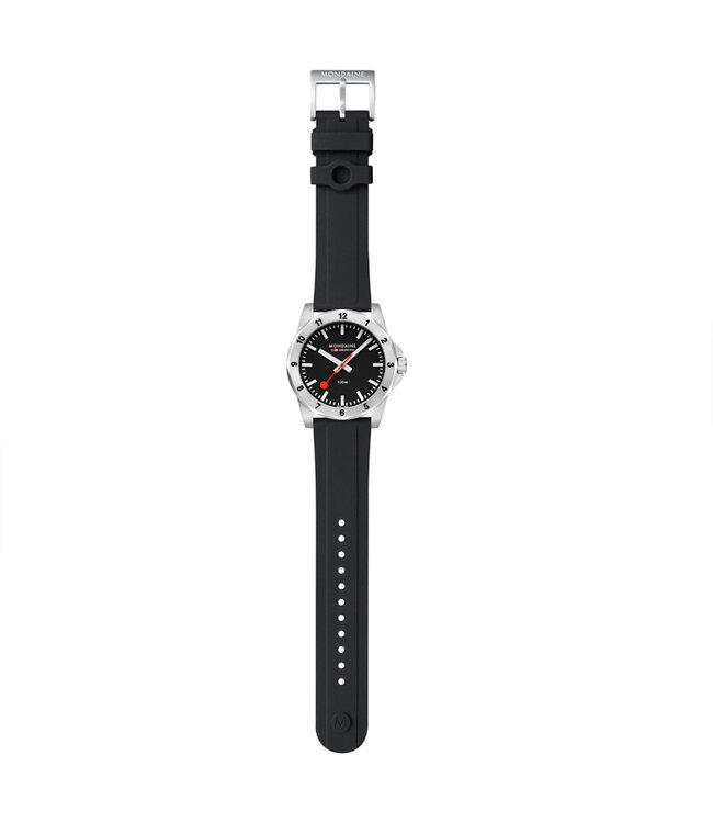 Mondaine Numeri horloge - zilverkleurige kast - zwart rubberen band - 42 mm
