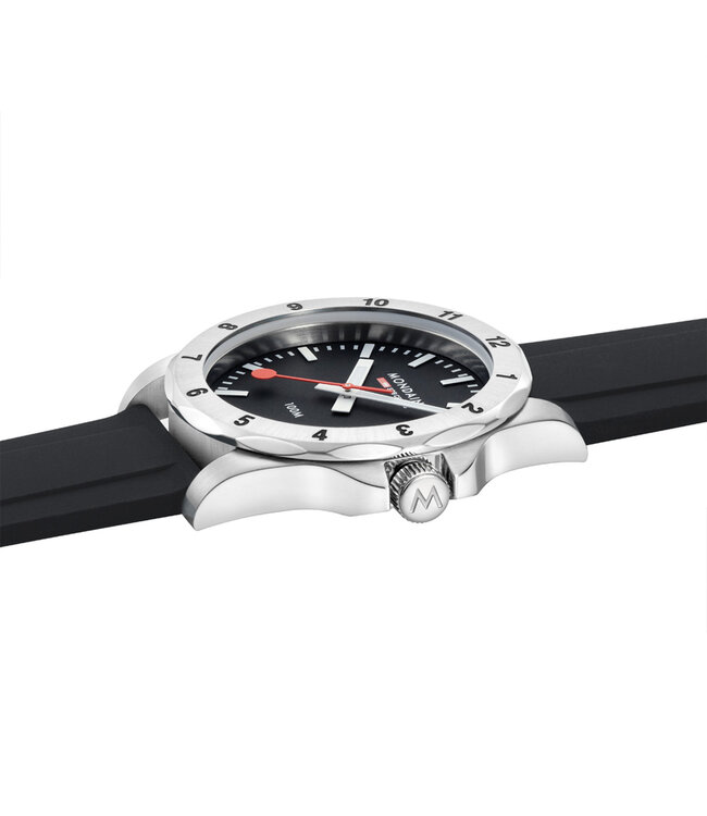 Mondaine Numeri horloge - zilverkleurige kast - zwart rubberen band - 42 mm