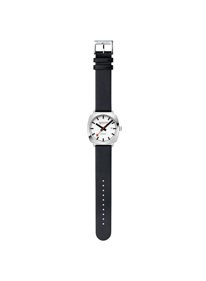 Mondaine Cushion Automatic horloge - zwarte kast - zilverkleurige mesh band - 39 mm