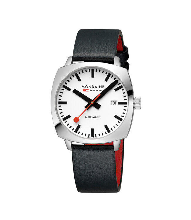 Mondaine Cushion Automatic horloge - zwarte kast - zilverkleurige mesh band - 39 mm
