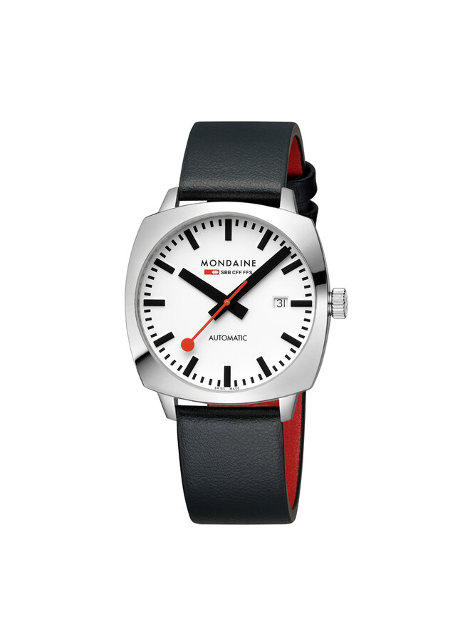 Mondaine Cushion Automatic horloge - zwarte kast - zilverkleurige mesh band - 39 mm