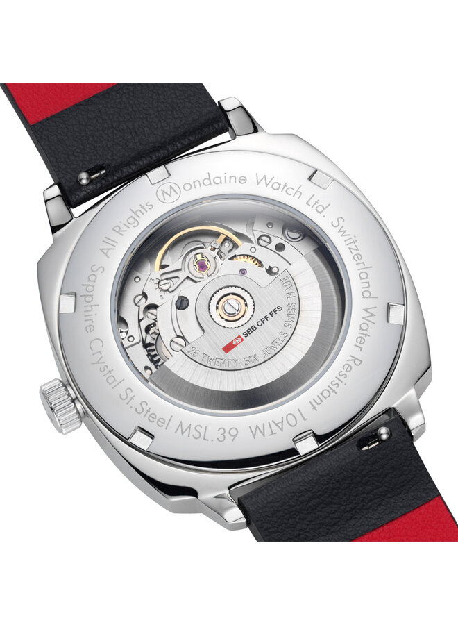 Mondaine Cushion Automatic horloge - zwarte kast - zilverkleurige mesh band - 39 mm