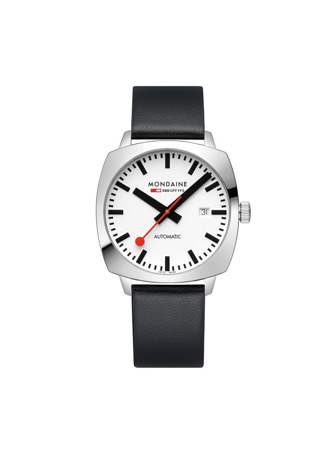 Mondaine Cushion Automatic horloge - zwarte kast - zilverkleurige mesh band - 39 mm