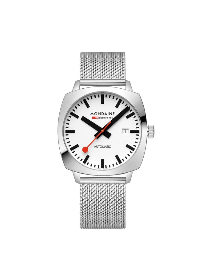 Mondaine Cushion Automatic horloge - zilverkleurige kast - zilverkleurige mesh band - 39 mm