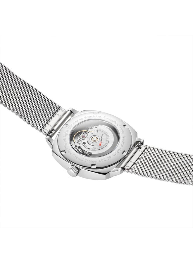 Mondaine Cushion Automatic horloge - zilverkleurige kast - zilverkleurige mesh band - 39 mm