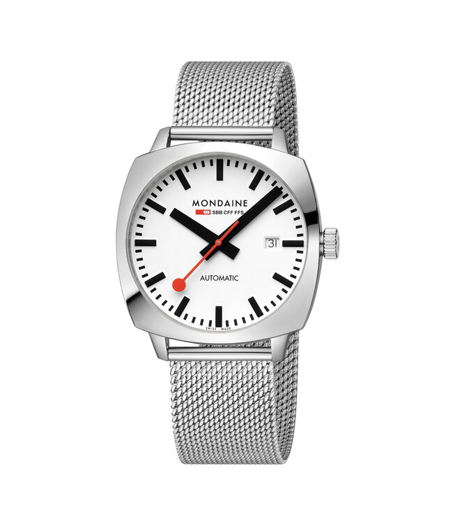 Mondaine Cushion Automatic horloge - zilverkleurige kast - zilverkleurige mesh band - 39 mm