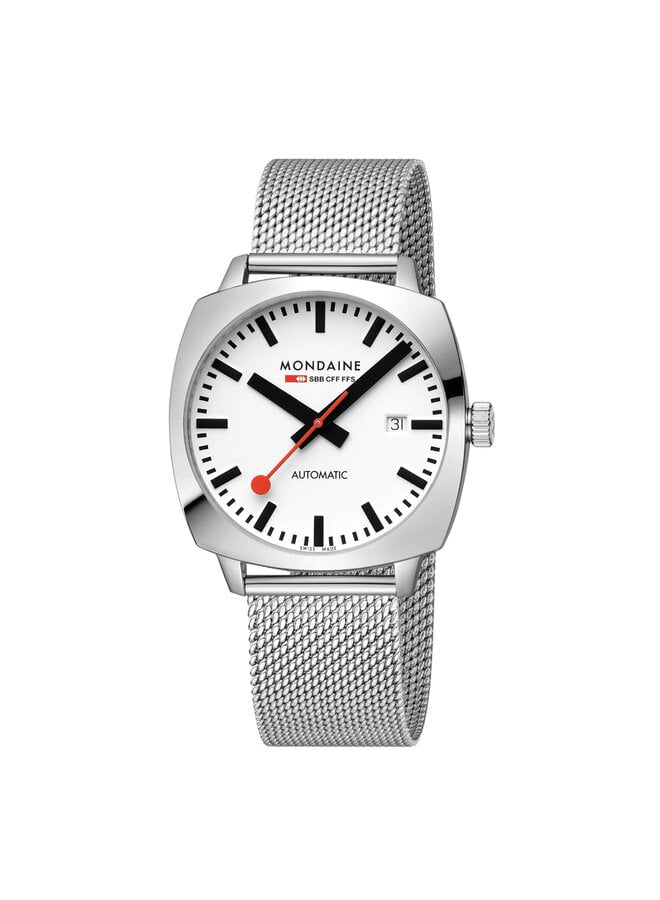 Mondaine Cushion Automatic horloge - zilverkleurige kast - zilverkleurige mesh band - 39 mm