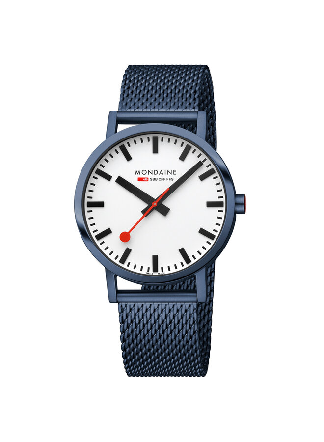 Mondaine Classic horloge - zilverkleurige kast - blauw leren band - 40 mm