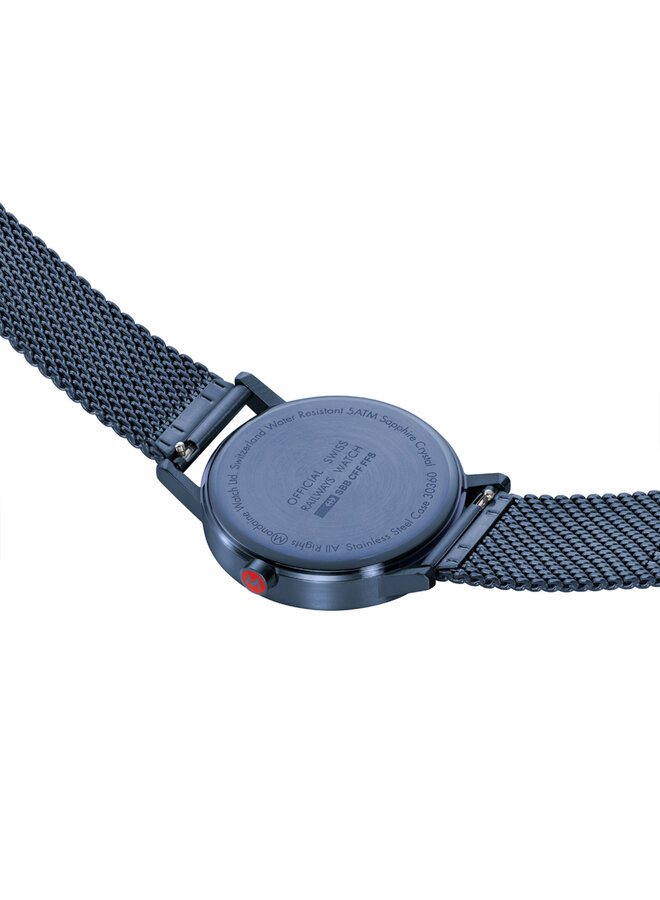 Mondaine Classic horloge - zilverkleurige kast - blauw leren band - 40 mm