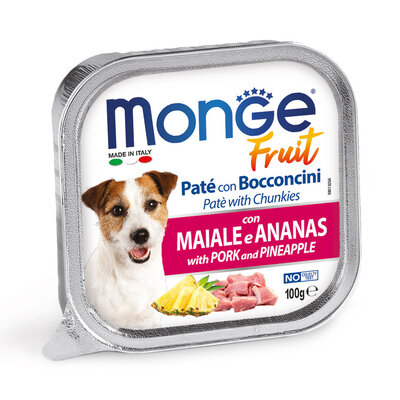 Hundefutter - Pastete mit Stücken von frischem Schweinefleisch und Ananas