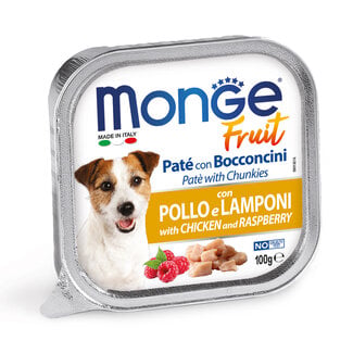 Monge Natural Superpremium Hundefutter - Pastete mit Stücken von frischem Huhn und Himbeeren