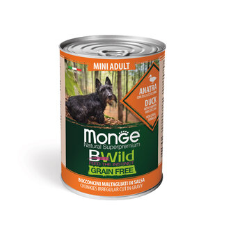 Monge Bwild Alimento para Perros - Mini Adulto Sin Cereales Trozos de Pato en Salsa con Calabaza y Calabacín