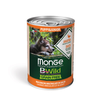 Alimento para perros - Trozos de Pato sin Cereales para Cachorros y Jóvenes en Salsa con Calabaza y Calabacín