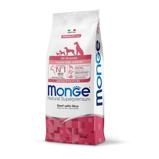 Monge Natural Superpremium Dog Food - Monoprotein Puppy & Junior Beef with Rice - 15 kg