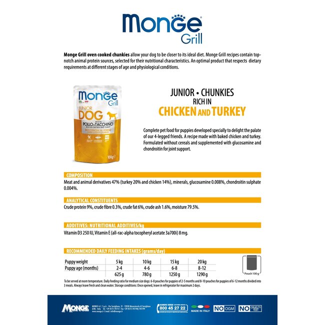 Hundefutter - Monge Grill - Reich an Huhn und Pute - Junior