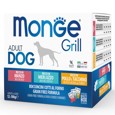 Hundefutter - Monge Grill - Multipack 12 Beutel mit 3 Geschmacksrichtungen