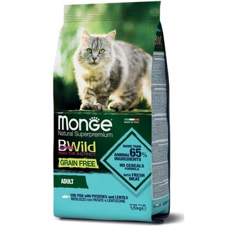 Monge Bwild Pienso para gatos - Adulto - con bacalao, patatas y lentejas - sin cereales - 1,5 kg