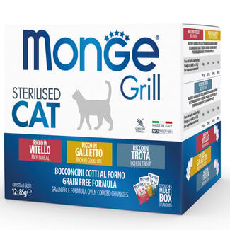 Monge Grill Katzennassfutter - Sterilisiert - Stückchen in Gelee reich an frischem Kalbfleisch, Hahn und Forelle