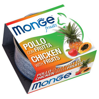 Aliment humide pour chats - cuit à la vapeur avec des morceaux de poulet et de fruits