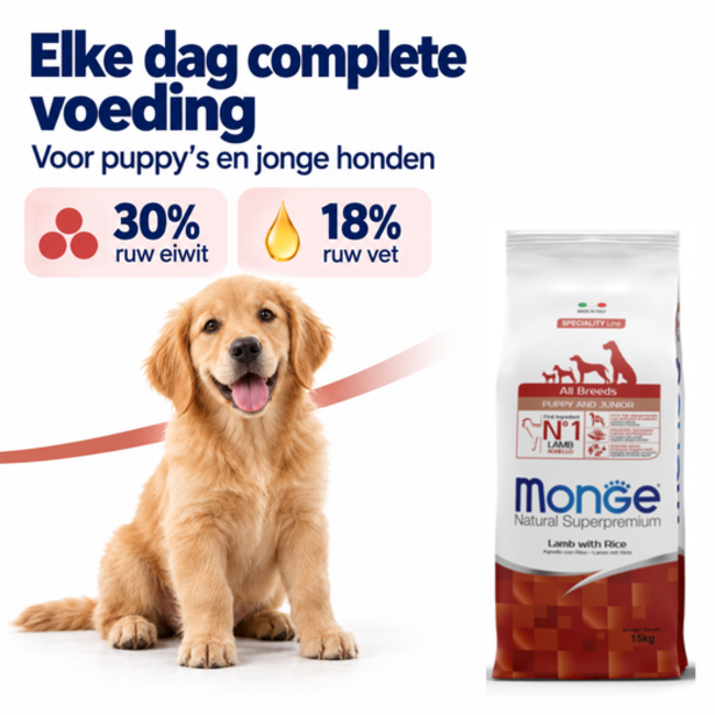 Croquettes pour chiens - Monoprotéine Chiot & Junior Agneau avec Riz - 15 kg