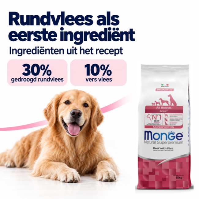 Croquettes pour chiens - Monoprotéine Adulte Bœuf avec Riz - 15 kg