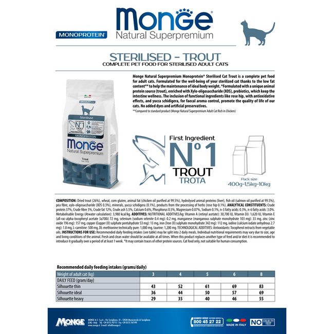 Pienso para gatos - Esterilizado - Monoproteína de trucha - 10 kg