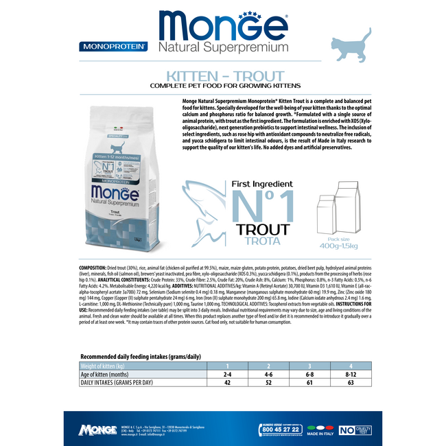 Croquettes pour chats - Chaton - Truite monoprotéique - 10 kg