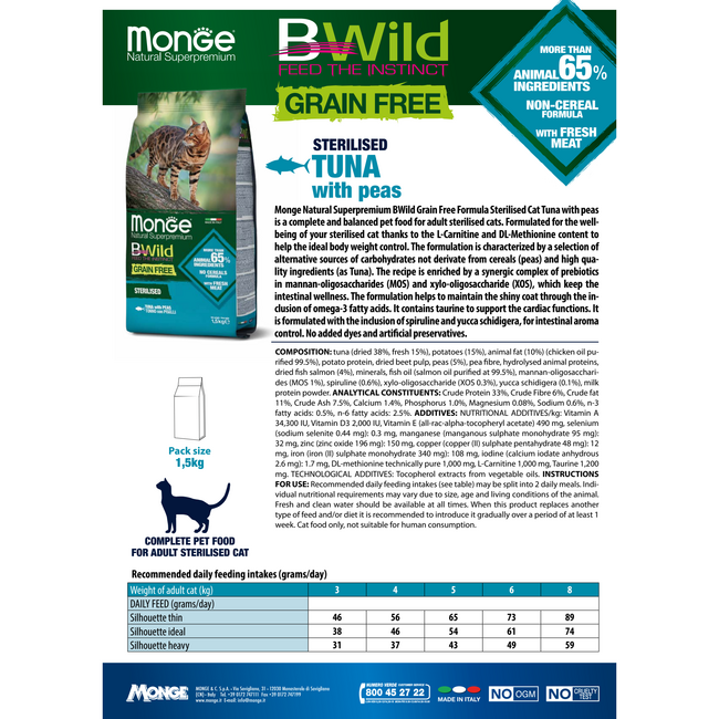 Pienso para gatos - Adulto esterilizado - con atún y guisantes - sin cereales - 10 kg