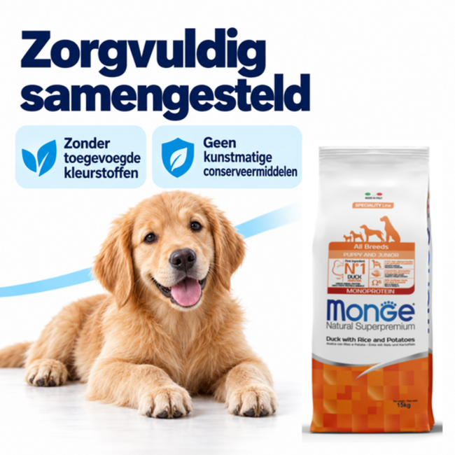 Hondenbrokken - Monoproteïne Puppy & Junior Eend met Rijst en Aardappelen - 15 kg