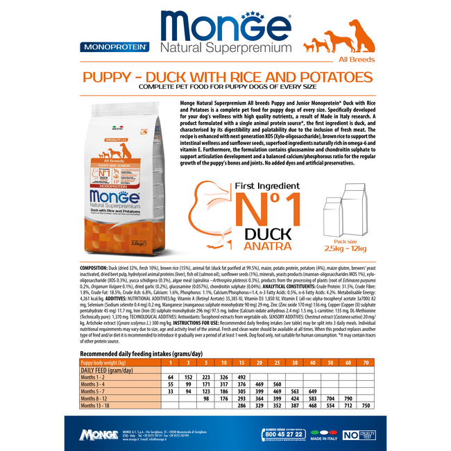 Pienso para perros - Monoproteína Cachorro & Junior Pato con Arroz y Patatas - 15 kg