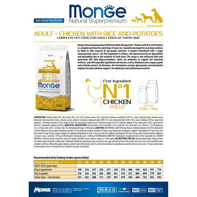 Croquettes pour chiens - Monoprotéine Adulte Poulet avec Riz et Pommes de terre - 15 kg