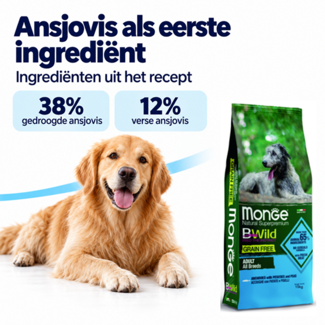Pienso para Perros - Sin Cereales Adulto Anchoas con Patatas y Guisantes - 15 kg