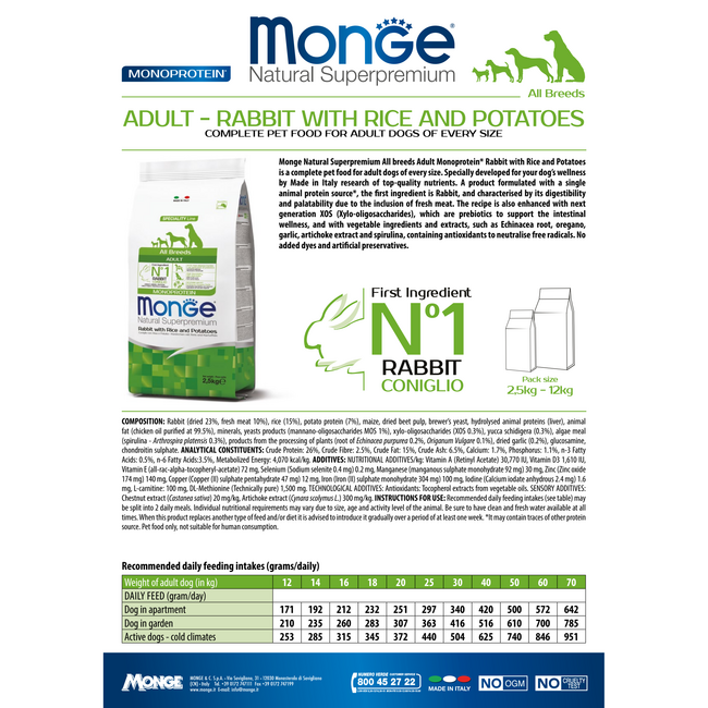 Dog Food - Monoprotein Adult Rabbit with Rice and Potatoes - 15 kg